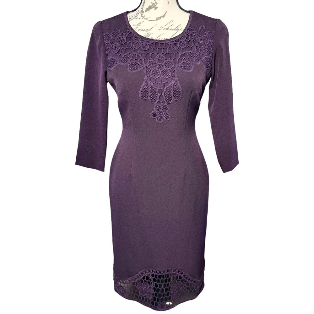Antonio Melani Purple Sheath Dress with Floral Lace Applique - Elegant Evening